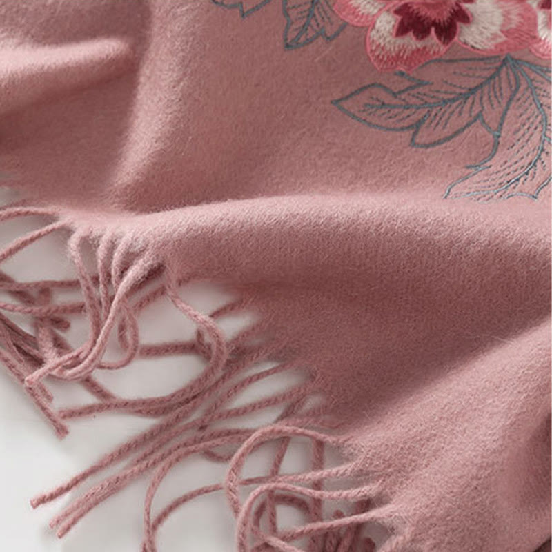 Wool Shawl Red Peony Embroidery Tassel Winter Cozy Travel Scarf Wrap