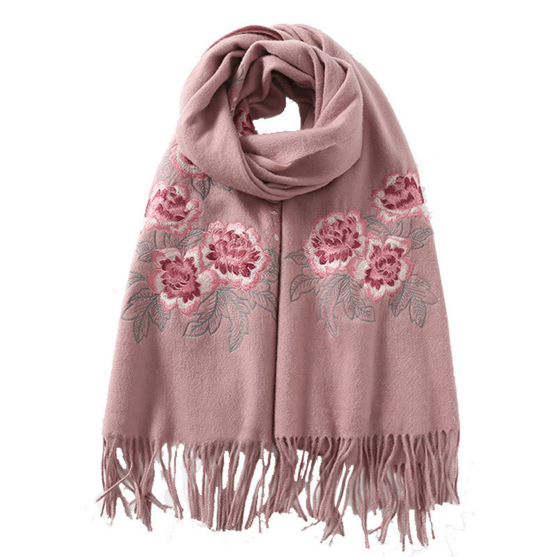 Wool Shawl Red Peony Embroidery Tassel Winter Cozy Travel Scarf Wrap