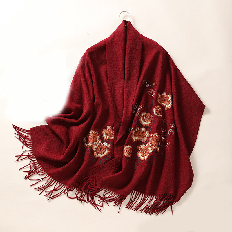 Wool Shawl Red Peony Embroidery Tassel Winter Cozy Travel Scarf Wrap