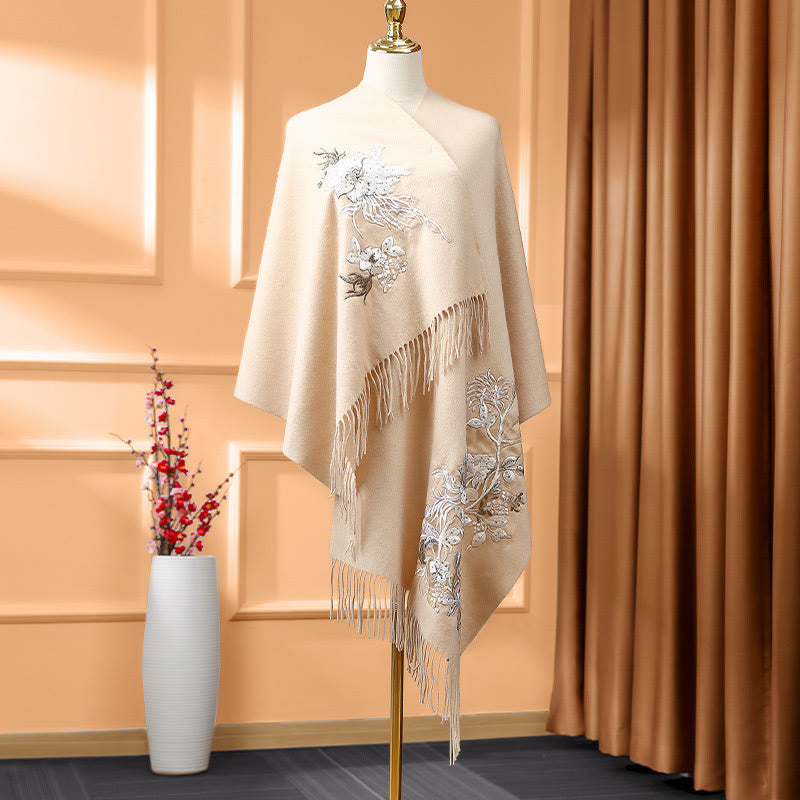 Tactile Wool Embroidered Floral Meditation Wrap Shawl