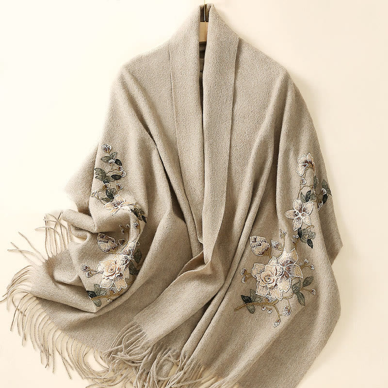 Tactile Wool Embroidered Floral Meditation Wrap Shawl