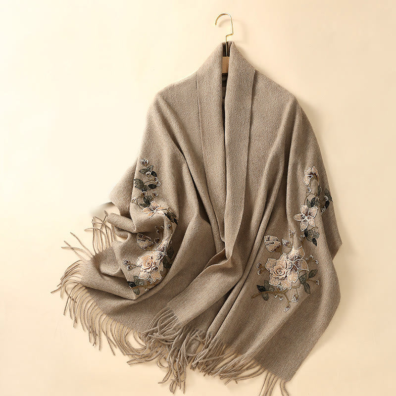 Tactile Wool Embroidered Floral Meditation Wrap Shawl