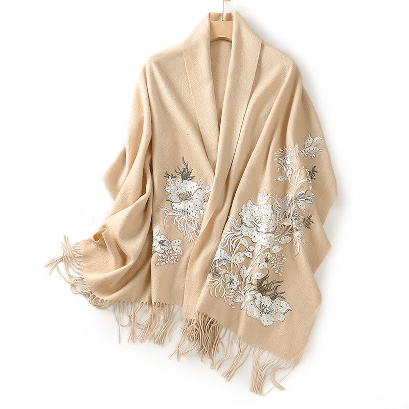 Wool Shawl White Orange Flower Embroidery Tassel Winter Cozy Travel Scarf Wrap