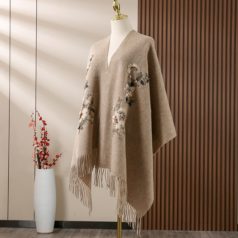 Tactile Wool Embroidered Floral Meditation Wrap Shawl