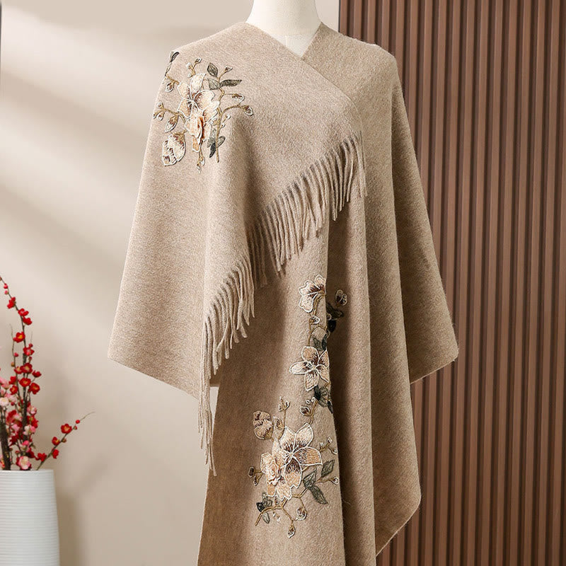 Tactile Wool Embroidered Floral Meditation Wrap Shawl
