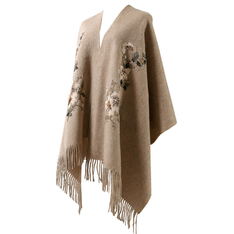 Tactile Wool Embroidered Floral Meditation Wrap Shawl