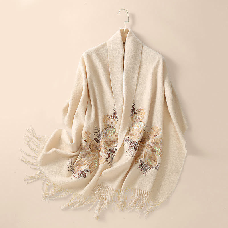 Wool Shawl Flower Sequin Embroidery Tassel Winter Cozy Travel Scarf Wrap