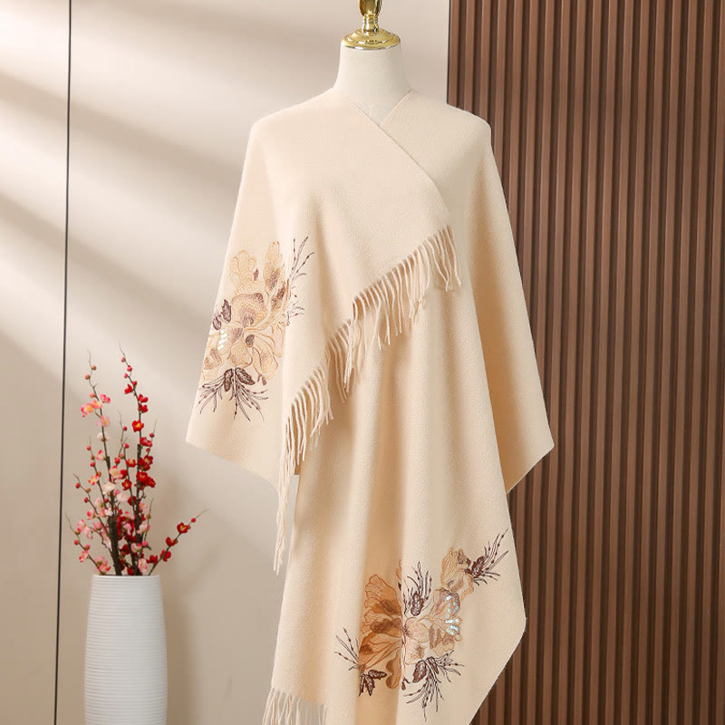 Wool Shawl Flower Sequin Embroidery Tassel Winter Cozy Travel Scarf Wrap