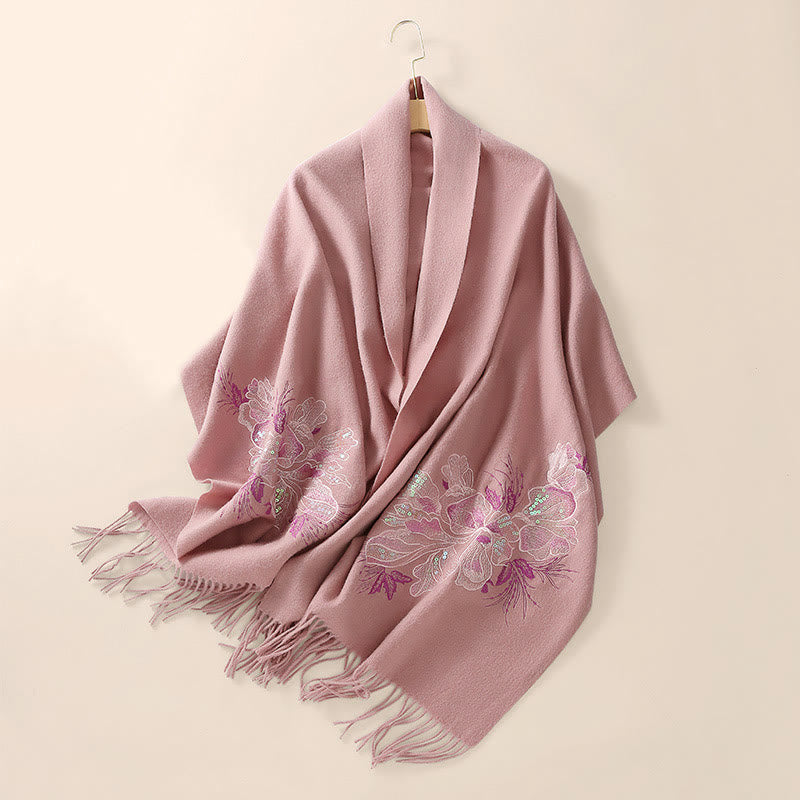 Wool Shawl Flower Sequin Embroidery Tassel Winter Cozy Travel Scarf Wrap