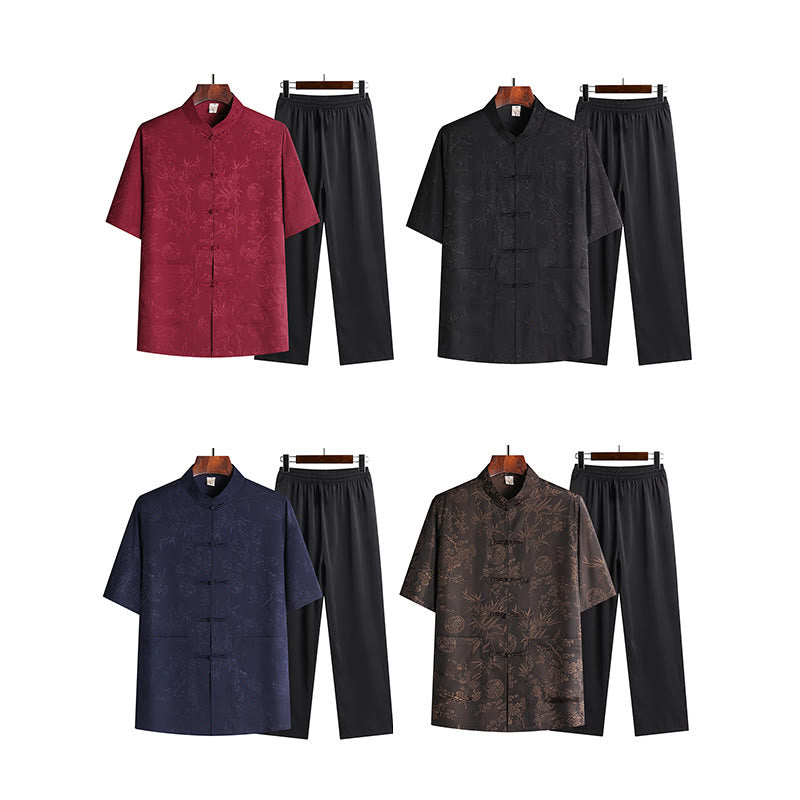 Breathable Bamboo Print Mandarin Collar Men's Meditation Set