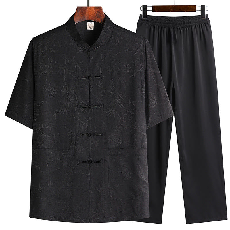 Breathable Bamboo Print Mandarin Collar Men's Meditation Set