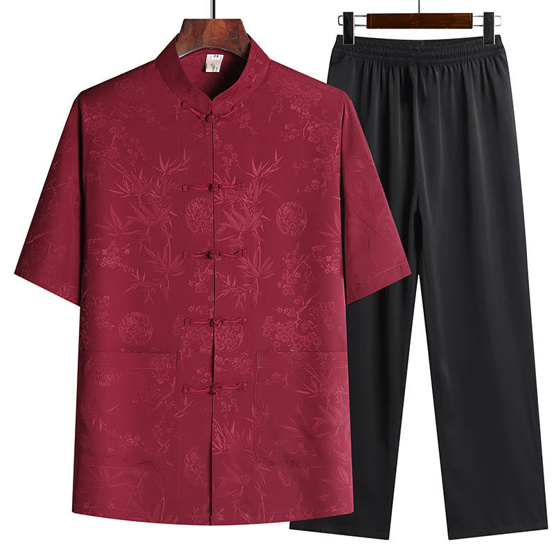 Breathable Bamboo Print Mandarin Collar Men's Meditation Set