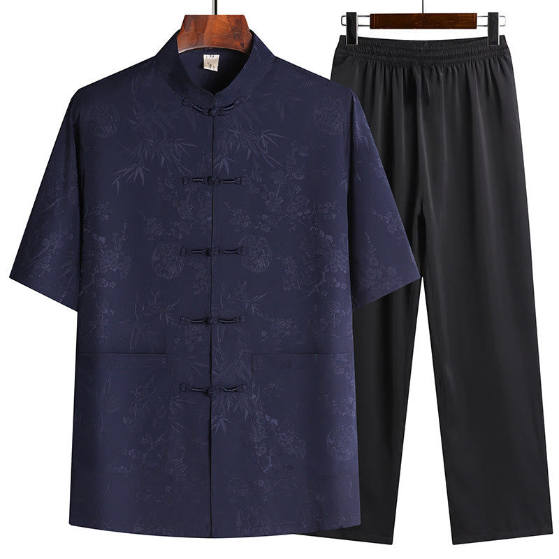 Breathable Bamboo Print Mandarin Collar Men's Meditation Set