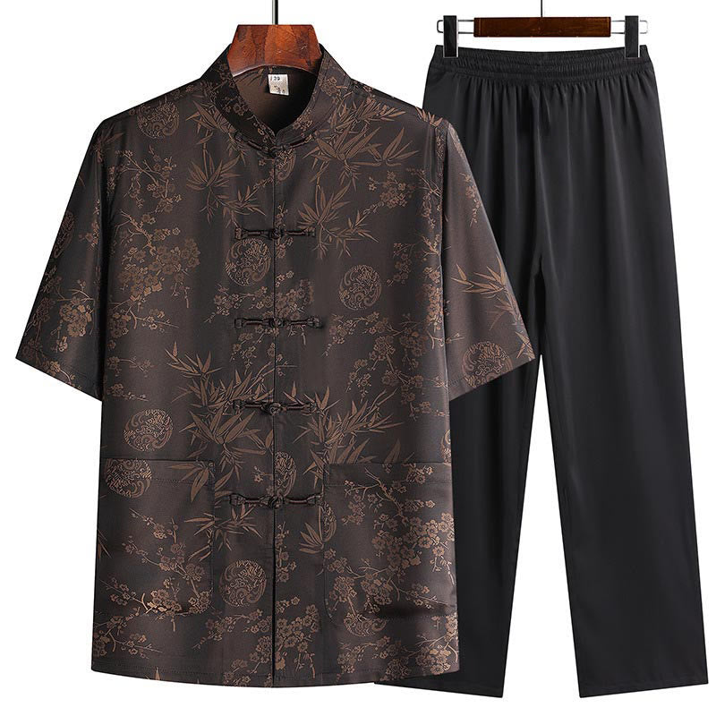 Breathable Bamboo Print Mandarin Collar Men's Meditation Set