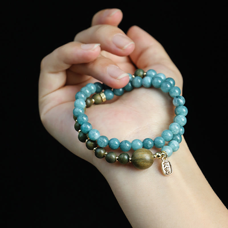 Blue Chalcedony Green Sandalwood Small Leaf Red Sandalwood Double Wrap Emotional Balance Bracelet