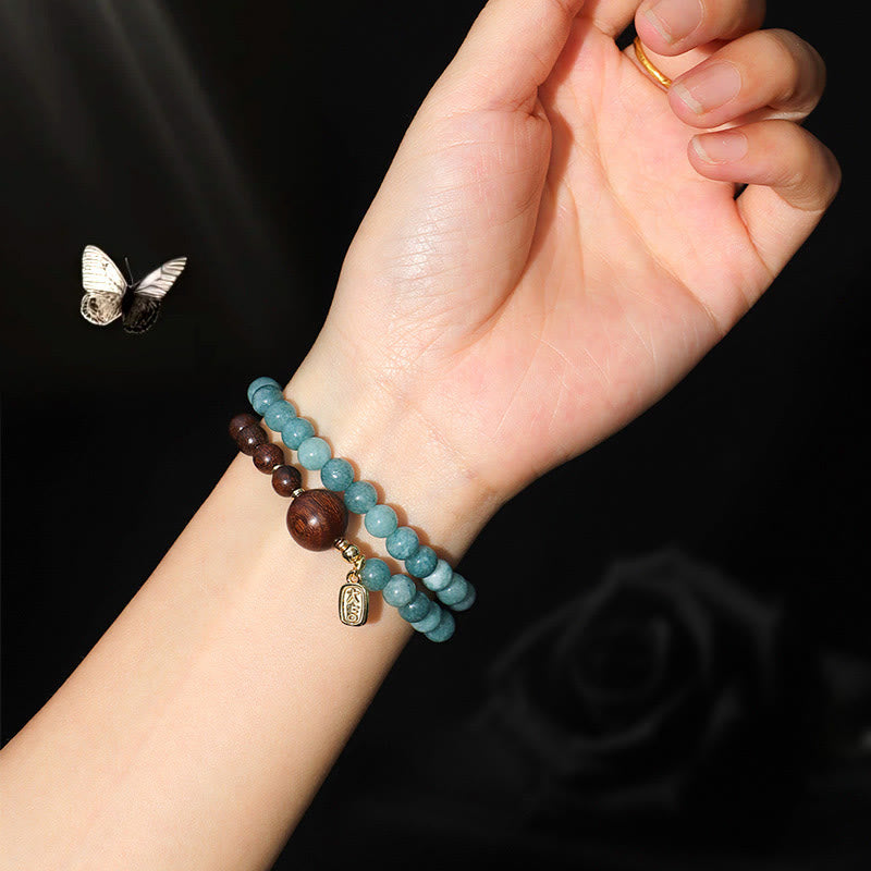 Blue Chalcedony Green Sandalwood Small Leaf Red Sandalwood Double Wrap Emotional Balance Bracelet