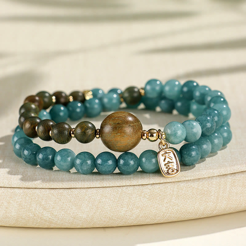 Blue Chalcedony Green Sandalwood Small Leaf Red Sandalwood Double Wrap Emotional Balance Bracelet