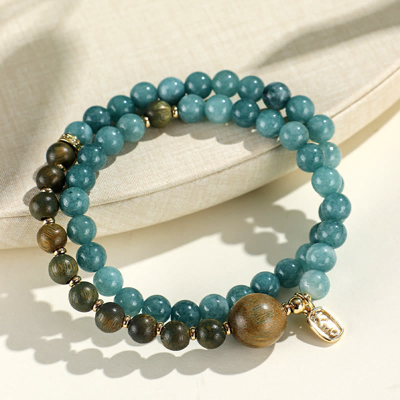 Blue Chalcedony Green Sandalwood Small Leaf Red Sandalwood Double Wrap Emotional Balance Bracelet