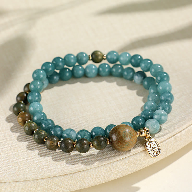 Blue Chalcedony Green Sandalwood Small Leaf Red Sandalwood Double Wrap Emotional Balance Bracelet