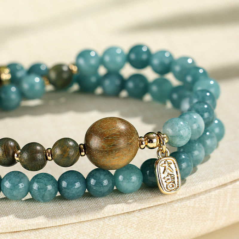 Blue Chalcedony Green Sandalwood Small Leaf Red Sandalwood Double Wrap Emotional Balance Bracelet