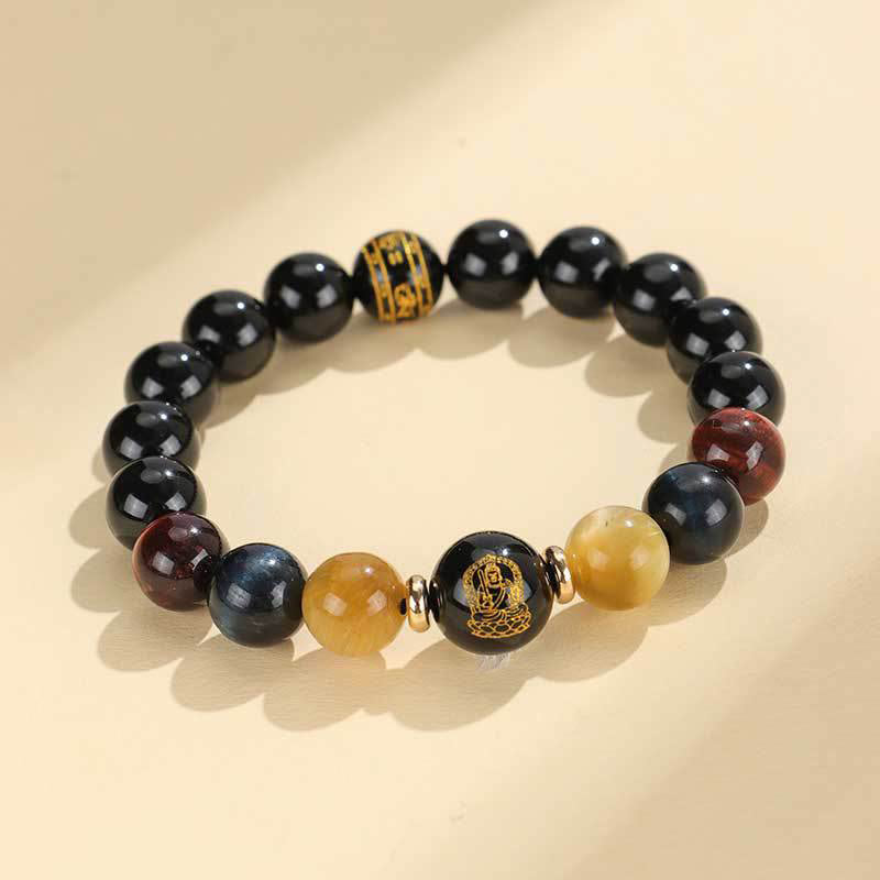Black Onyx Tiger Eye Om Mani Padme Hum Chinese Zodiac Natal Buddha Support Bracelet