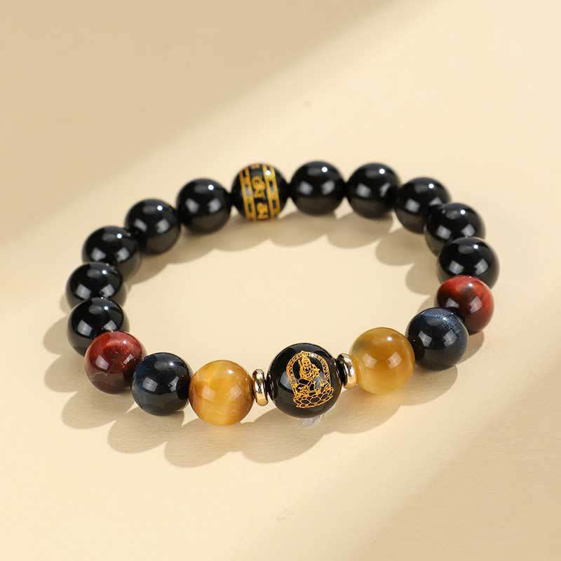 Black Onyx Tiger Eye Om Mani Padme Hum Chinese Zodiac Natal Buddha Support Bracelet