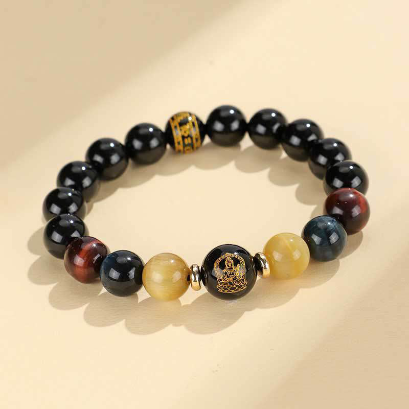 Black Onyx Tiger Eye Om Mani Padme Hum Chinese Zodiac Natal Buddha Support Bracelet