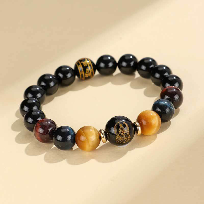 Black Onyx Tiger Eye Om Mani Padme Hum Chinese Zodiac Natal Buddha Support Bracelet