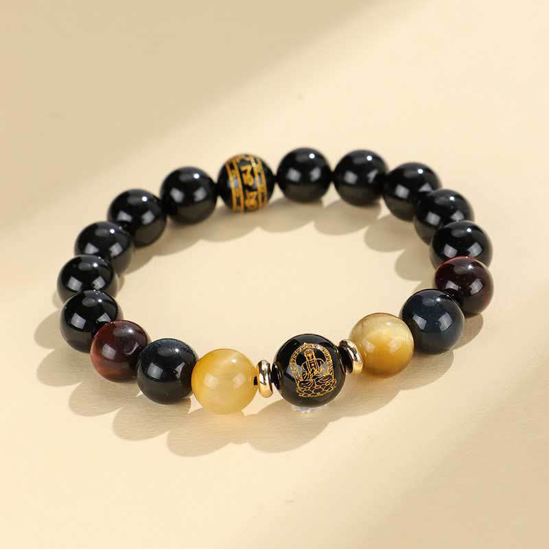 Black Onyx Tiger Eye Om Mani Padme Hum Chinese Zodiac Natal Buddha Support Bracelet