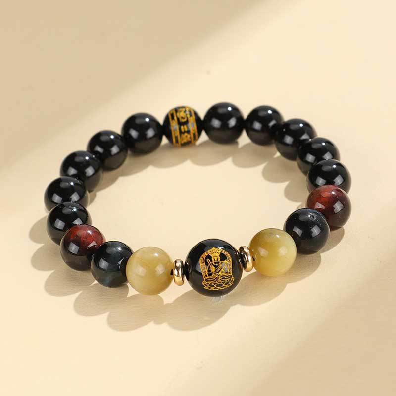 Black Onyx Tiger Eye Om Mani Padme Hum Chinese Zodiac Natal Buddha Support Bracelet