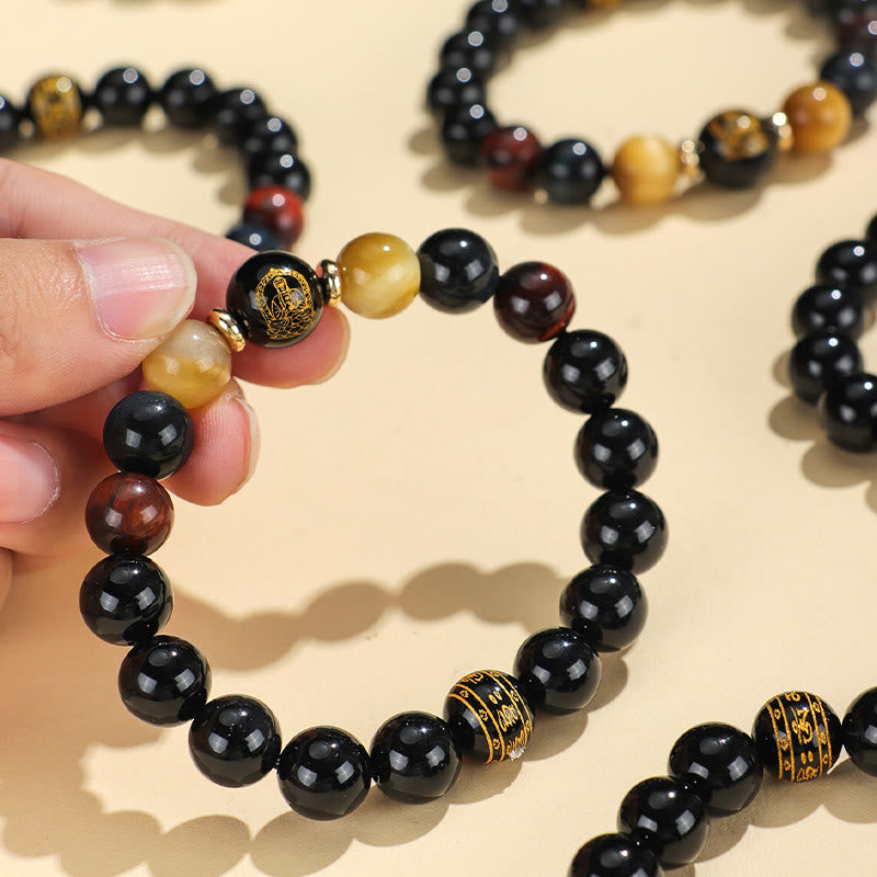 Black Onyx Tiger Eye Om Mani Padme Hum Chinese Zodiac Natal Buddha Support Bracelet