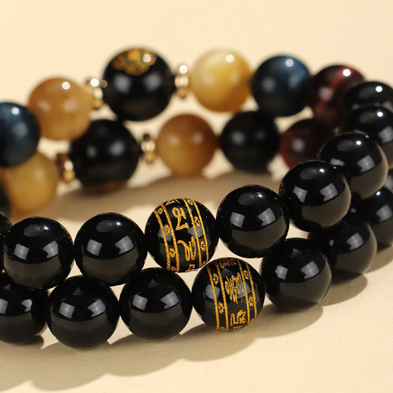 Black Onyx Tiger Eye Om Mani Padme Hum Chinese Zodiac Natal Buddha Support Bracelet