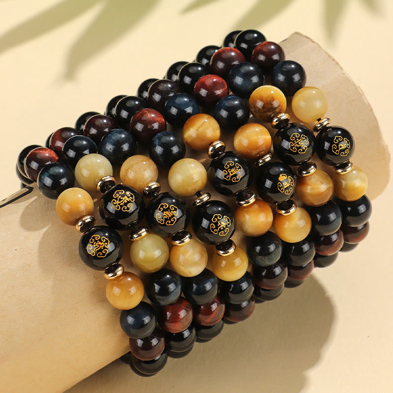 Black Onyx Tiger Eye Om Mani Padme Hum Chinese Zodiac Natal Buddha Support Bracelet