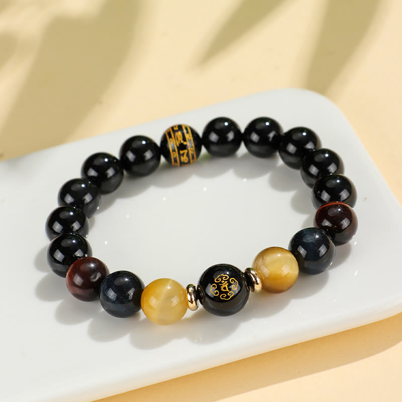 Black Onyx Tiger Eye Om Mani Padme Hum Chinese Zodiac Natal Buddha Support Bracelet