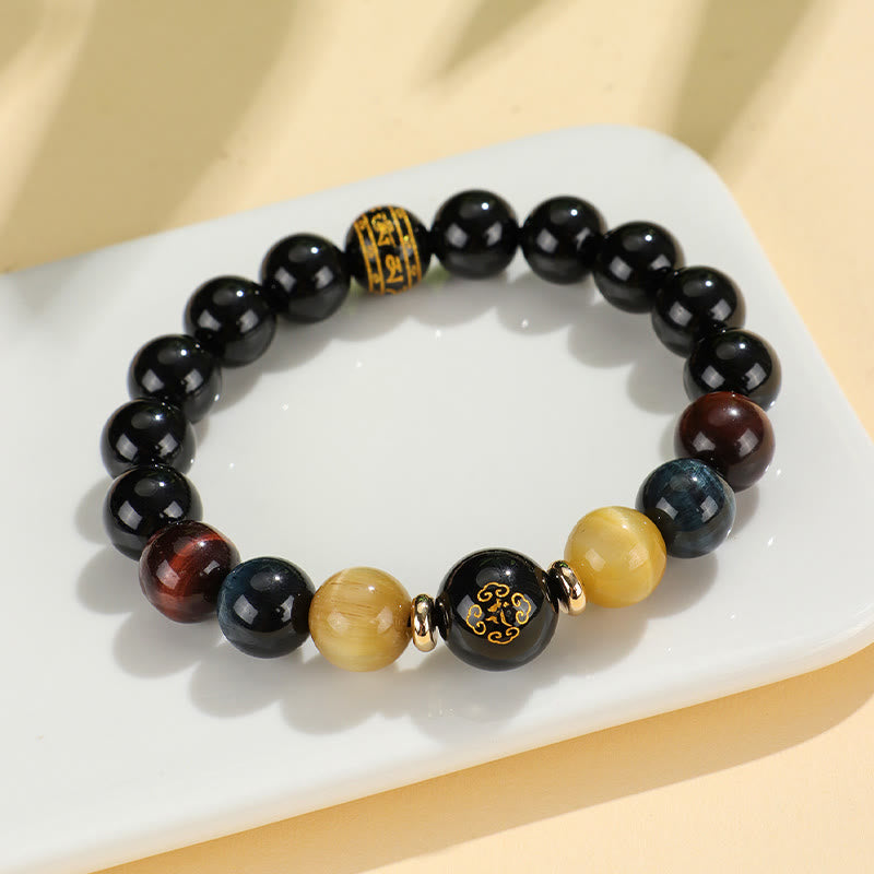 Black Onyx Tiger Eye Om Mani Padme Hum Chinese Zodiac Natal Buddha Support Bracelet