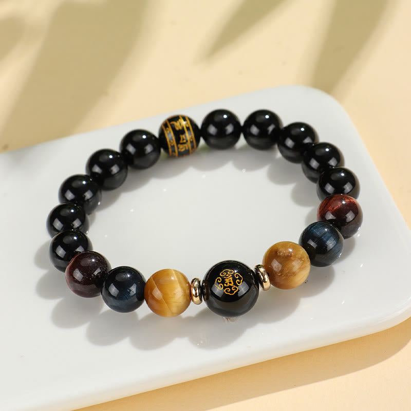 Black Onyx Tiger Eye Om Mani Padme Hum Chinese Zodiac Natal Buddha Support Bracelet