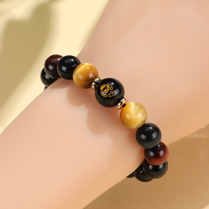 Black Onyx Tiger Eye Om Mani Padme Hum Chinese Zodiac Natal Buddha Support Bracelet