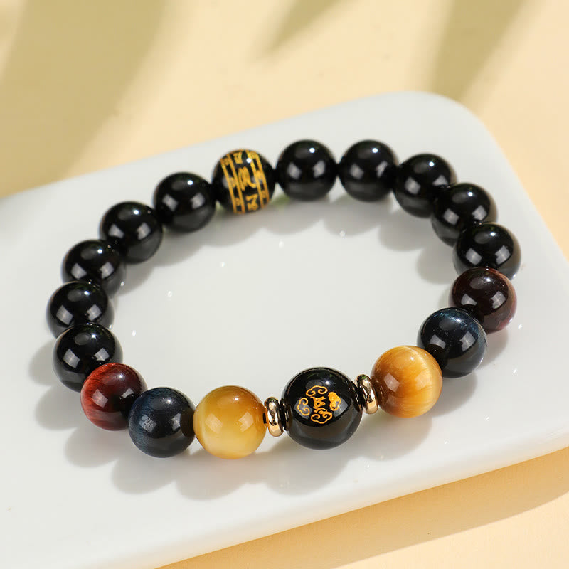 Black Onyx Tiger Eye Om Mani Padme Hum Chinese Zodiac Natal Buddha Support Bracelet