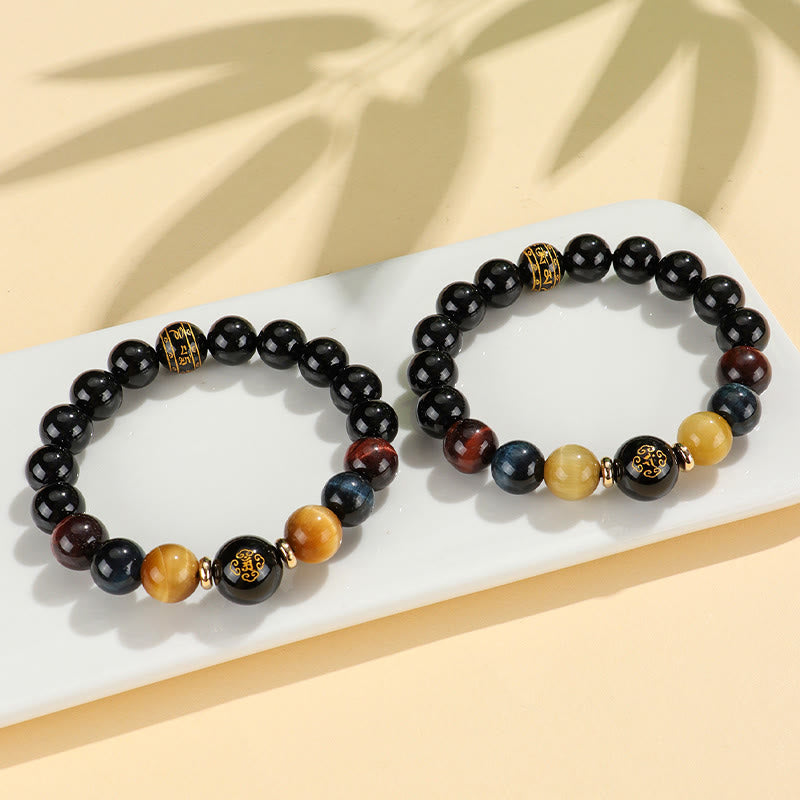 Black Onyx Tiger Eye Om Mani Padme Hum Chinese Zodiac Natal Buddha Support Bracelet