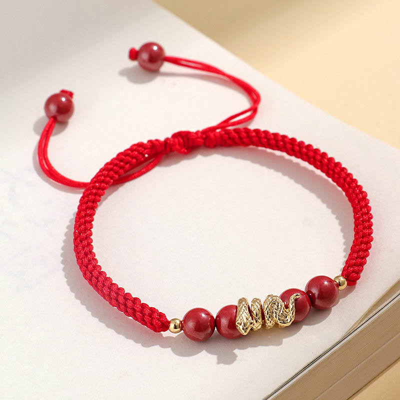 Handmade Cinnabar Snake Charm Braided Red String Bracelet
