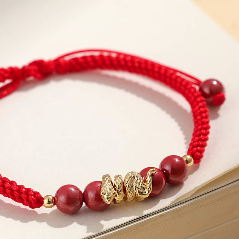 Handmade Cinnabar Snake Charm Braided Red String Bracelet