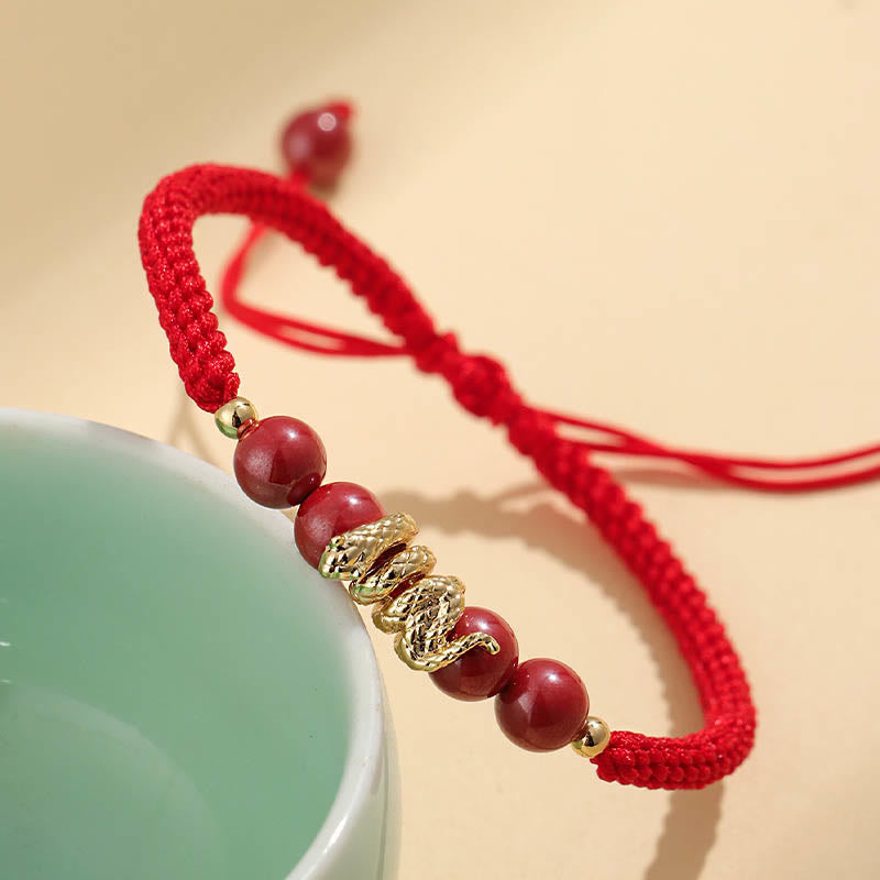 Handmade Cinnabar Snake Charm Braided Red String Bracelet
