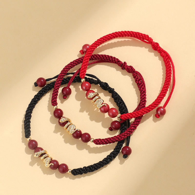 Handmade Cinnabar Snake Charm Braided Red String Bracelet