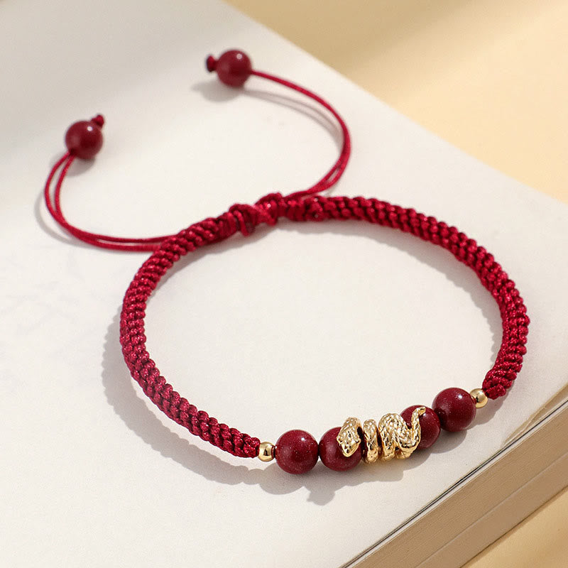 Handmade Cinnabar Snake Charm Braided Red String Bracelet