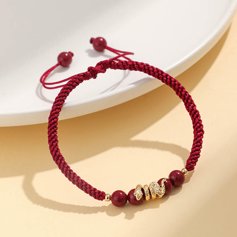 Handmade Cinnabar Snake Charm Braided Red String Bracelet