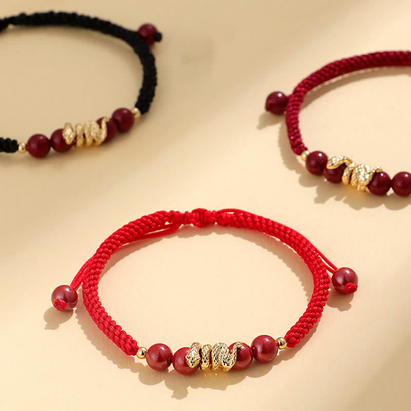 Handmade Cinnabar Snake Charm Braided Red String Bracelet