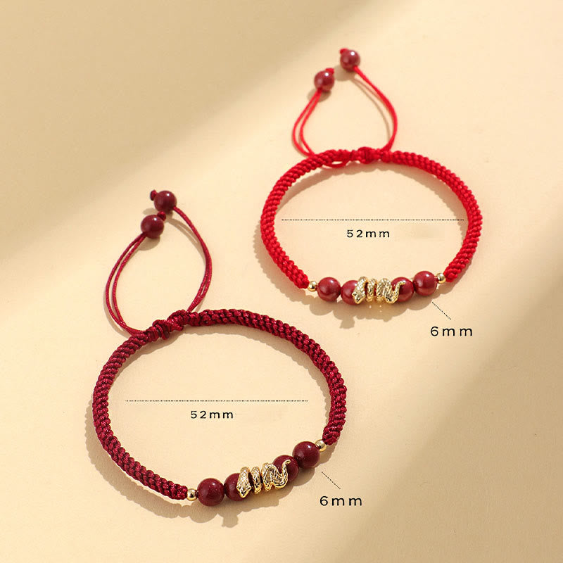 Handmade Cinnabar Snake Charm Braided Red String Bracelet
