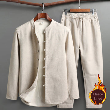 Solid Tang Suit Traditional Fleece Lined Uniform Long Sleeve Top Pants Men's Set