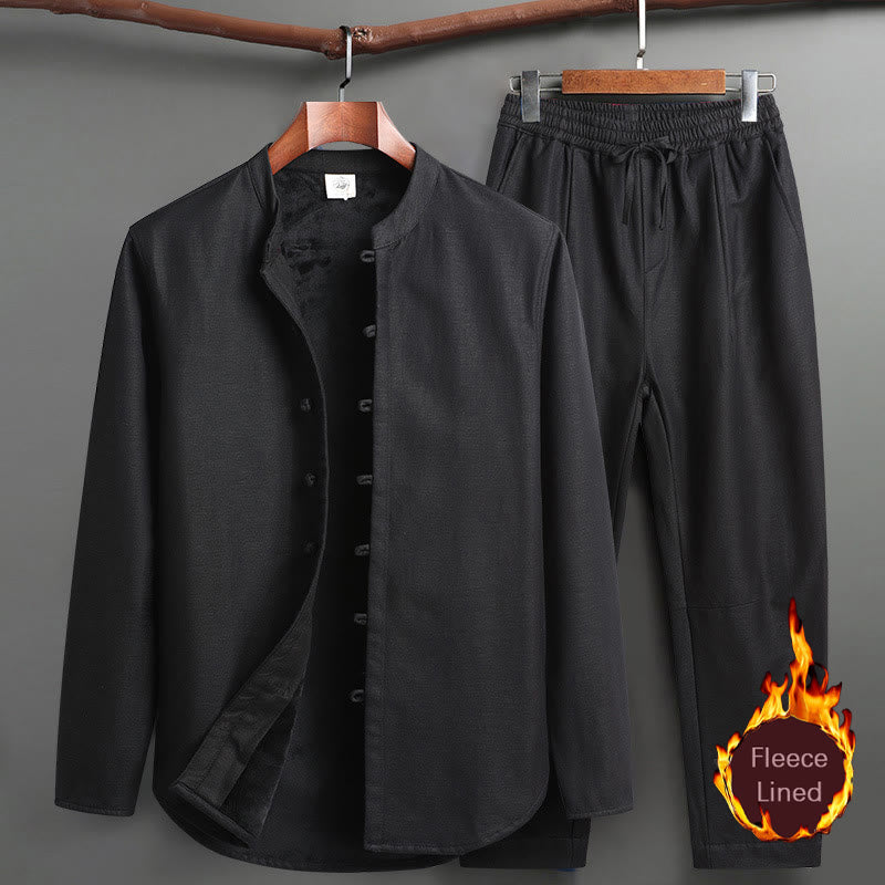 Solid Tang Suit Traditional Fleece Lined Uniform Long Sleeve Top Pants Men's Set