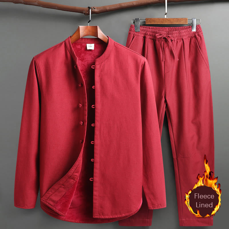 Solid Tang Suit Traditional Fleece Lined Uniform Long Sleeve Top Pants Men's Set